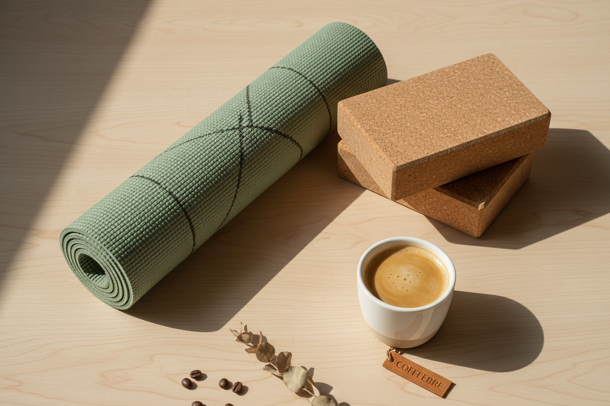 COFFEEBRE premium yoga and Pilates mats — eco-friendly non-slip exercise mat styled with alignment blocks and a specialty coffee cup