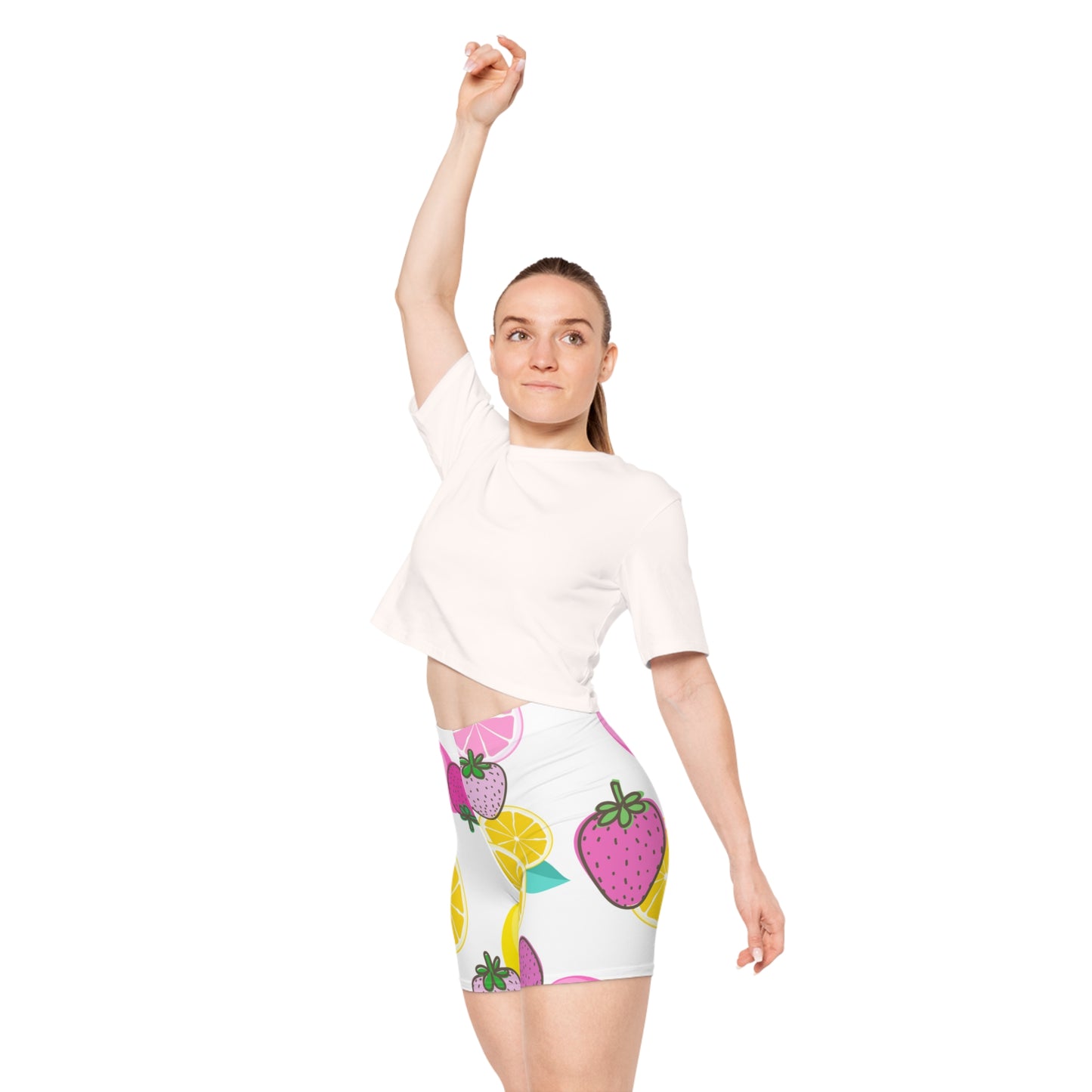 Pink Strawberry Lemon Athletic  Biker Shorts -  COFFEEBRE
