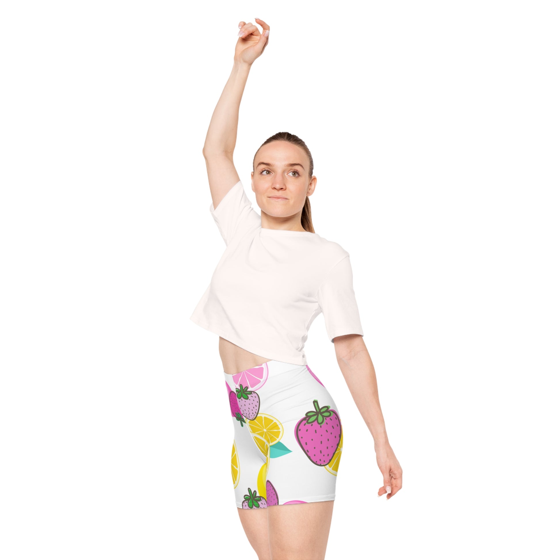 Pink Strawberry Lemon Athletic  Biker Shorts -  COFFEEBRE