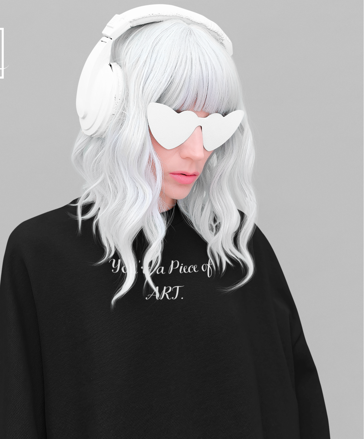 Person with white headphones and gray wig wearing a black sweatshirt with text on a gray background
