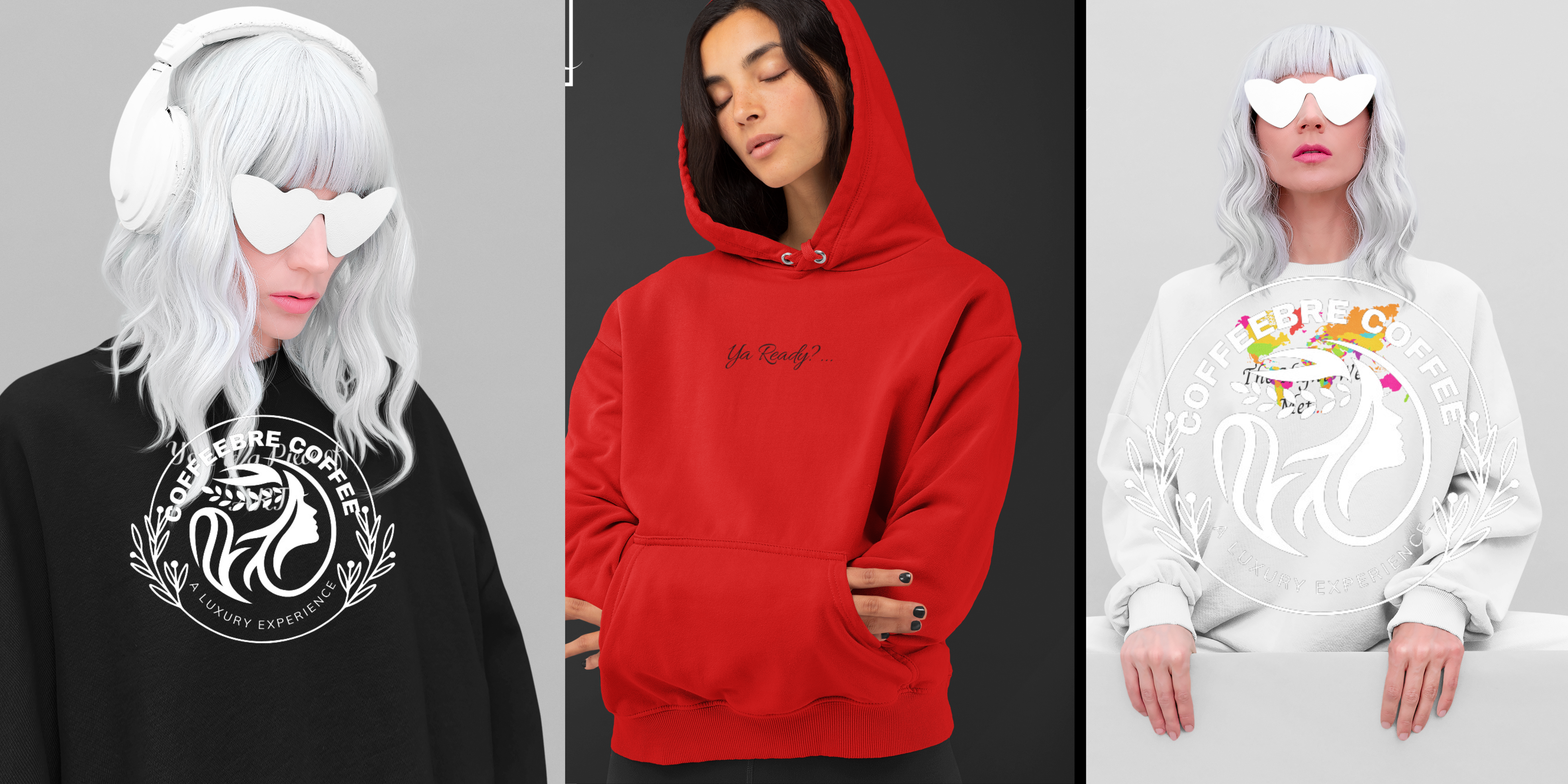 Three different hoodies with unique designs worn by models on a gray background