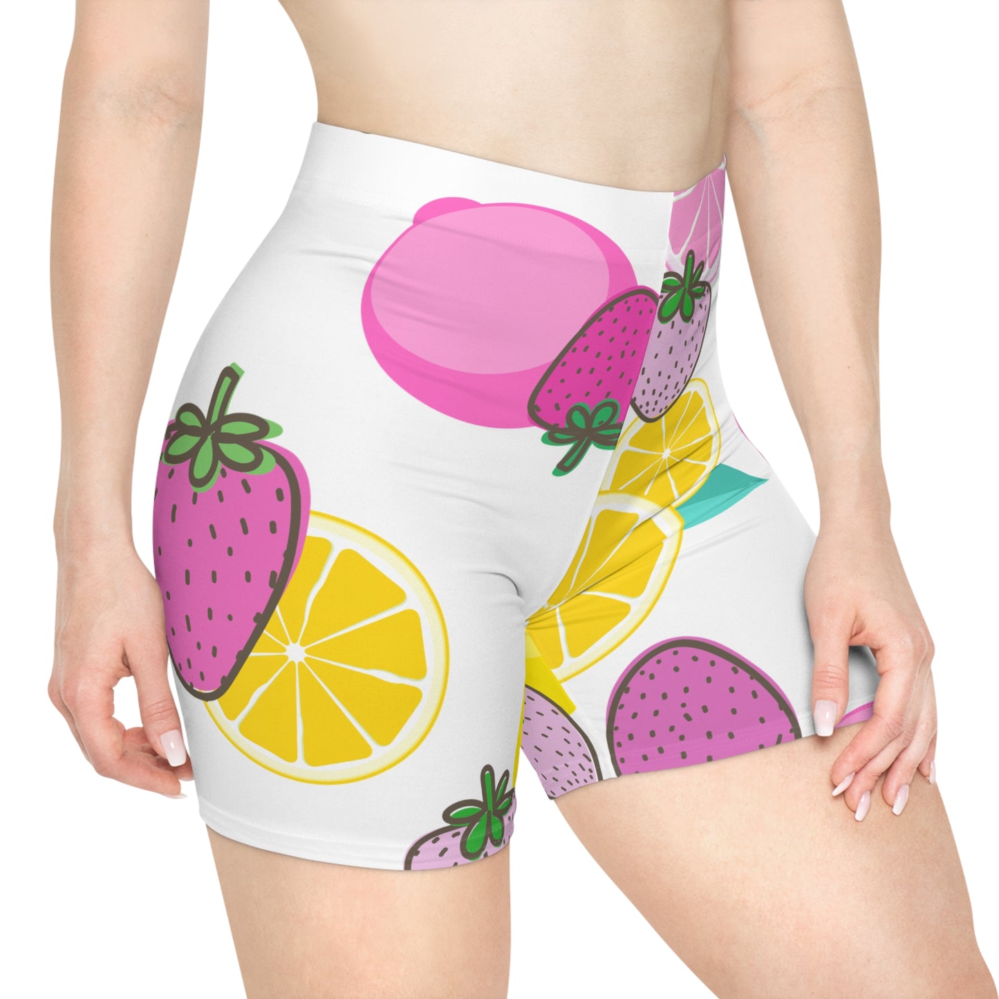 Pink Strawberry Lemon Athletic  Biker Shorts -  COFFEEBRE