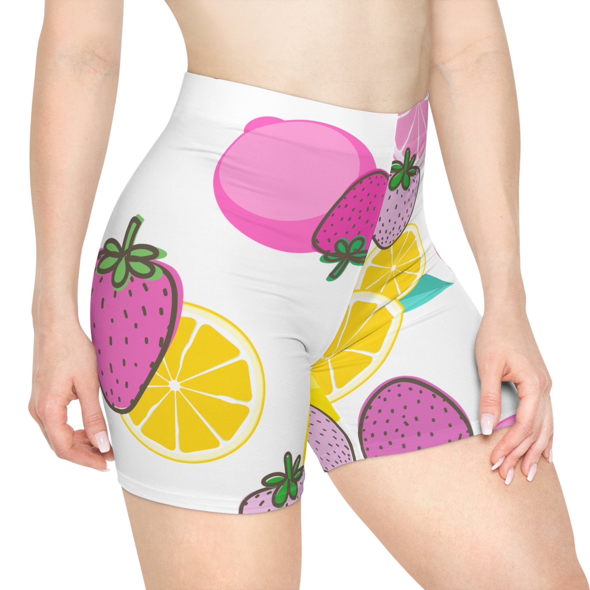 Pink Strawberry Lemon Athletic  Biker Shorts -  COFFEEBRE