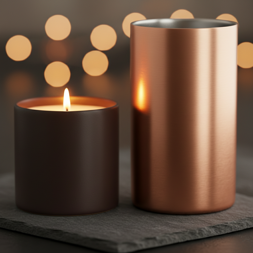 Close-up of COFFEEBRE luxury matte ceramic soy candle and copper insulated tumbler on dark slate — premium subscription box detail