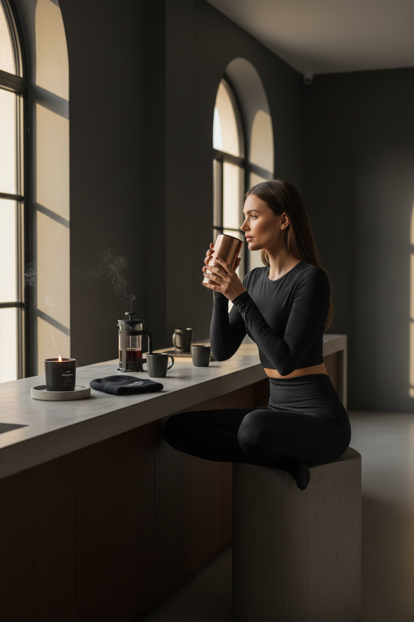 Woman in COFFEEBRE black activewear at home coffee station holding copper insulated tumbler with matte soy candle burning — Fitness & Caffeine subscription lifestyle