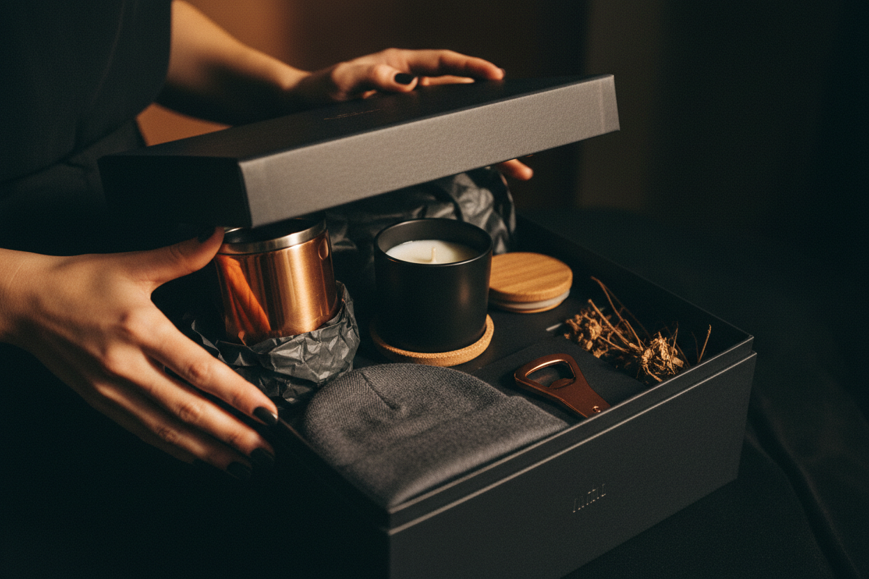 COFFEEBRE Fitness & Caffeine Monthly Subscription Box being unboxed — copper tumbler, matte candle, charcoal beanie, and lifestyle accessory in matte black gift box