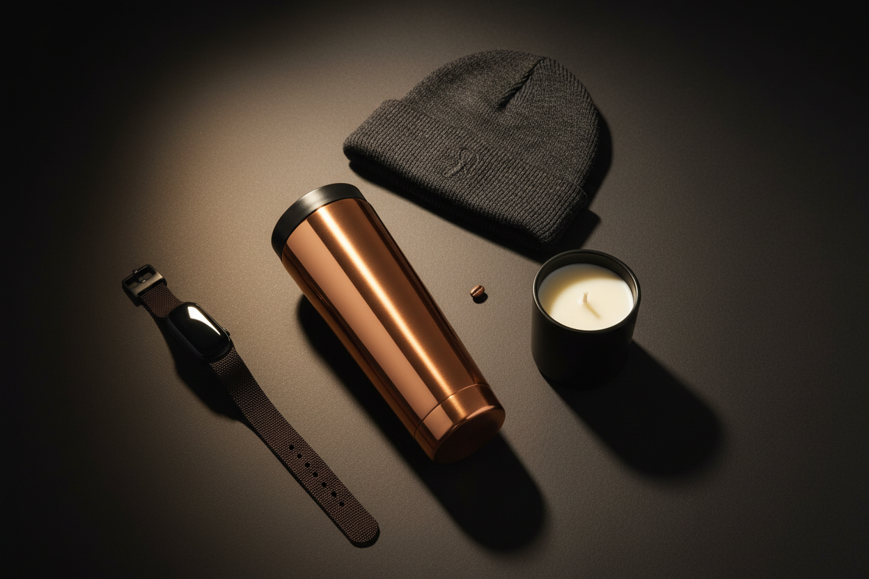 COFFEEBRE Fitness & Caffeine Monthly Subscription Box — premium flat lay featuring insulated copper tumbler, matte soy candle, embroidered beanie, and lifestyle accessory on charcoal surface"